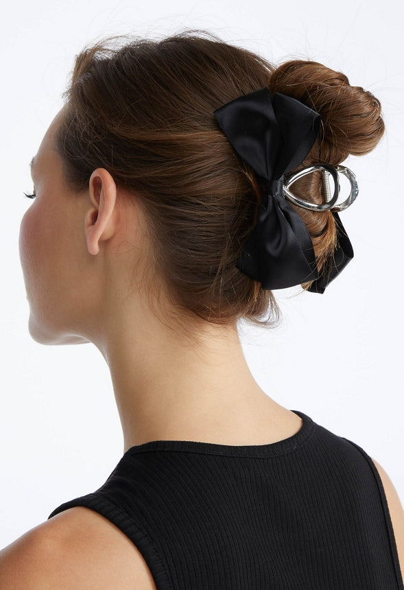 Rei Satin Fabric Bow On Metal Hair Claw Black/ Silver