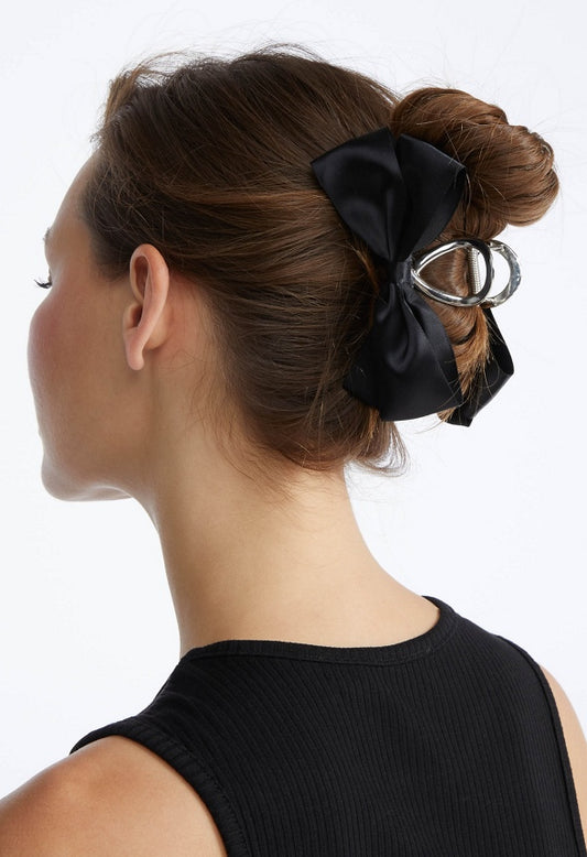 Rei Satin Fabric Bow On Metal Hair Claw Black/ Silver