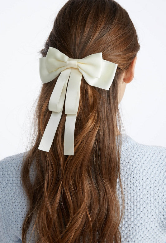 Lynn Double Satin And Ribbon Bow Barrette White