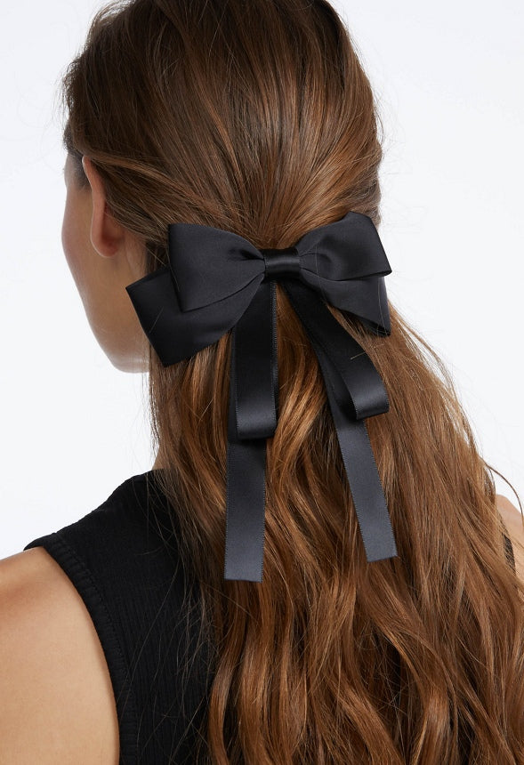 Lynn Double Satin And Ribbon Bow Barrette Black