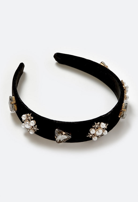 Bell Glass Pearls And Ornate Stones Velvet Alice Band Gold/ Black