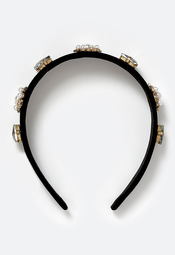 Bell Glass Pearls And Ornate Stones Velvet Alice Band Gold/ Black