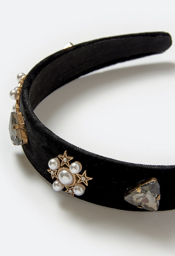 Bell Glass Pearls And Ornate Stones Velvet Alice Band Gold/ Black