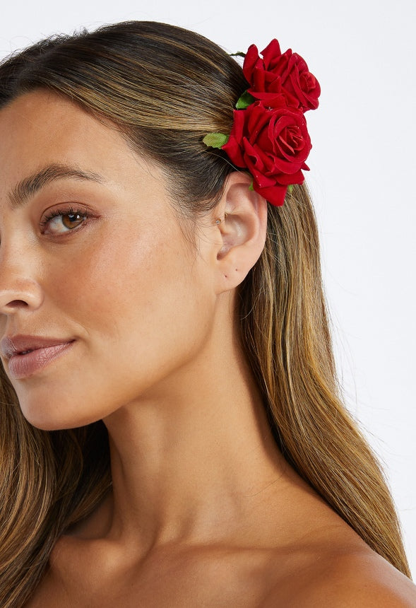 Fara Double Rose On Barette Hair Clip Red