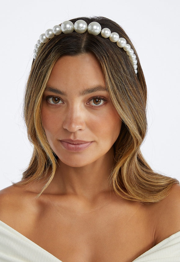 Ines Graduated Pearl Alice Band Cream