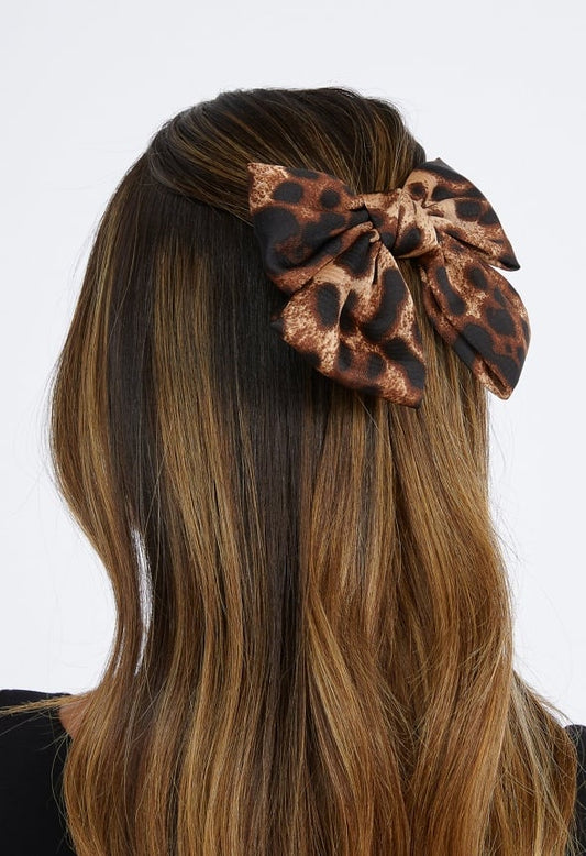Orla Animal Print Satin Bow On Barette Hair Clip Brown/ Black