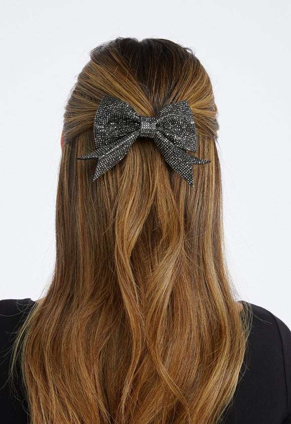 Freya Glass Rhinestone Embellished Bow Hair Clip Black