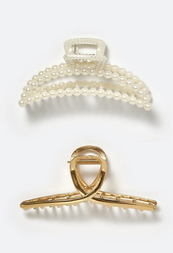 Gina 2 Pack Of Glass Pearl & Smooth Metal Hair Claws Gold/ Cream