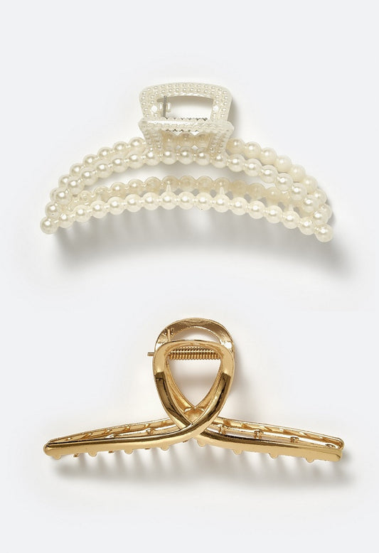 Gina 2 Pack Of Glass Pearl & Smooth Metal Hair Claws Gold/ Cream
