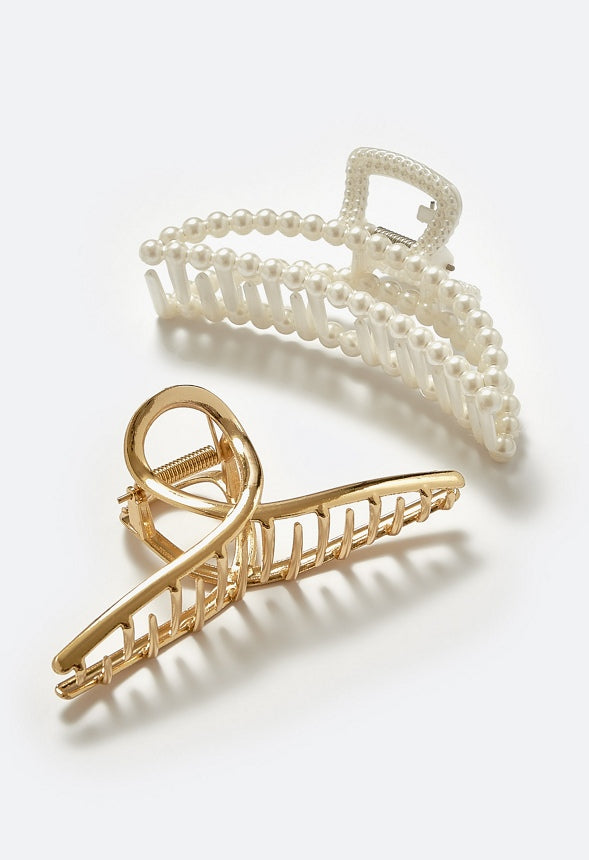 Gina 2 Pack Of Glass Pearl & Smooth Metal Hair Claws Gold/ Cream