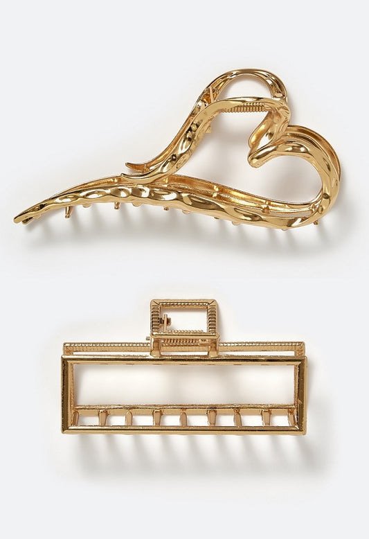 Hali 2 Pack Of Rectangle & Hammered Heart Metal Hair Claws Gold