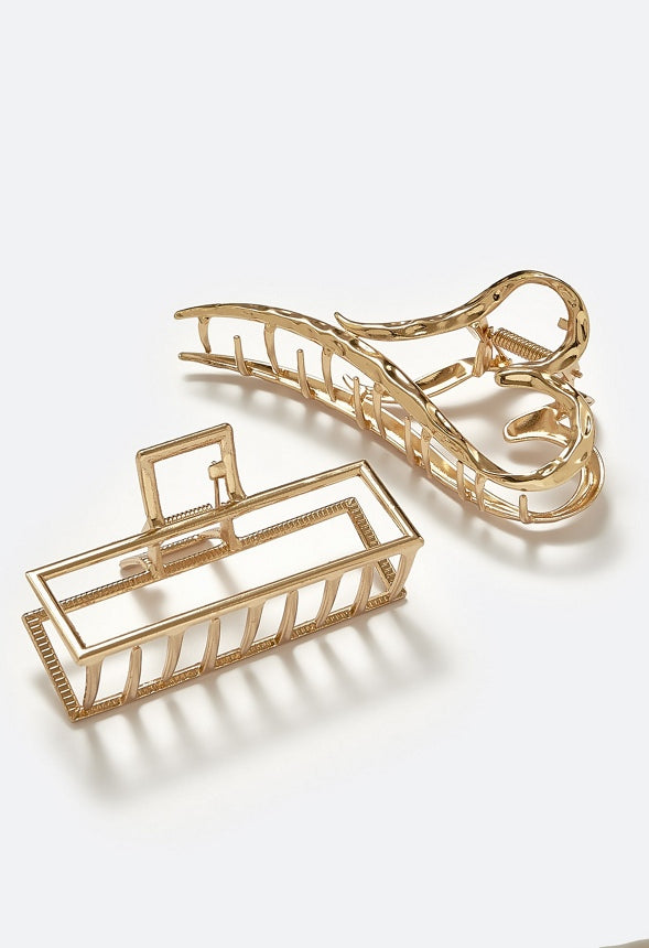 Hali 2 Pack Of Rectangle & Hammered Heart Metal Hair Claws Gold