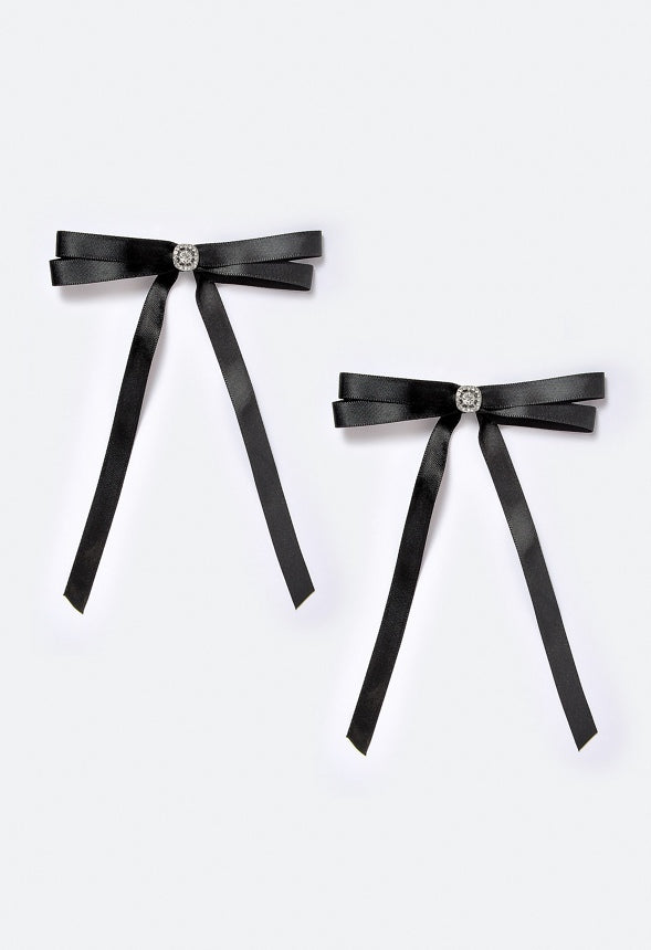Alto 2 Pack Ribbon Bows With Glass Stone Detail On a Barrette Clip Crystal/ Black