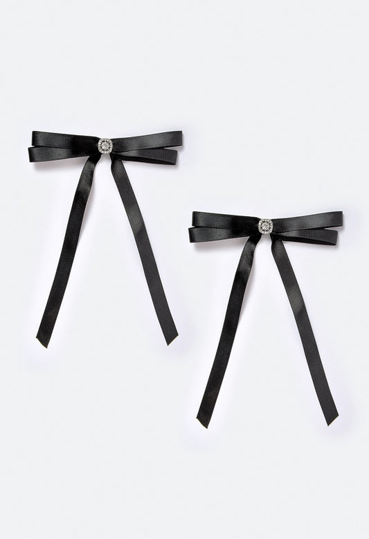 Alto 2 Pack Ribbon Bows With Glass Stone Detail On a Barrette Clip Crystal/ Black