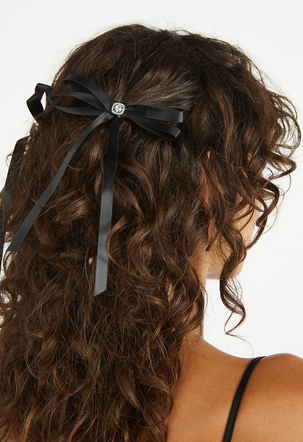 Alto 2 Pack Ribbon Bows With Glass Stone Detail On a Barrette Clip Crystal/ Black