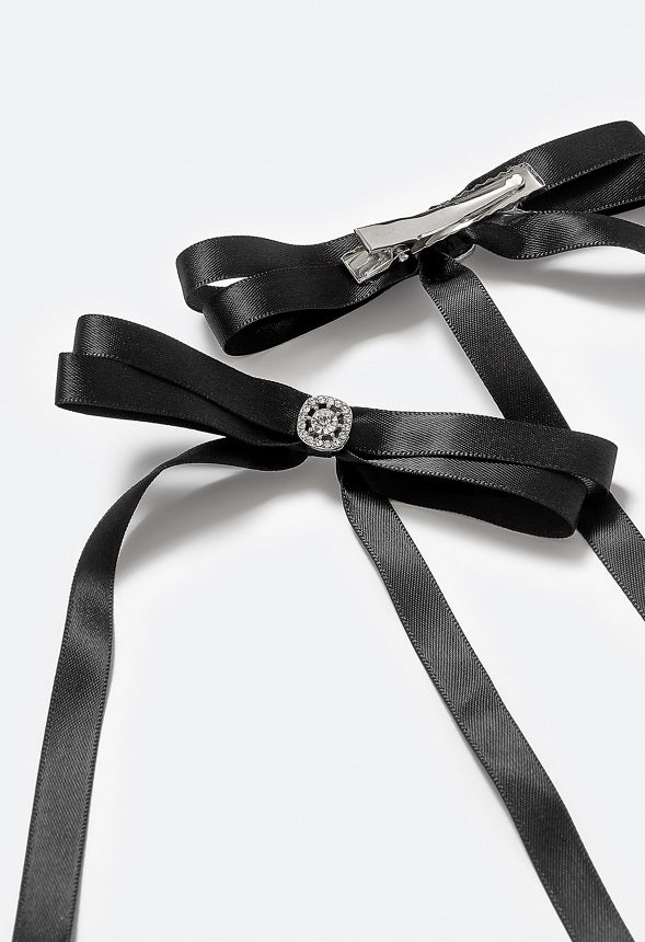 Alto 2 Pack Ribbon Bows With Glass Stone Detail On a Barrette Clip Crystal/ Black