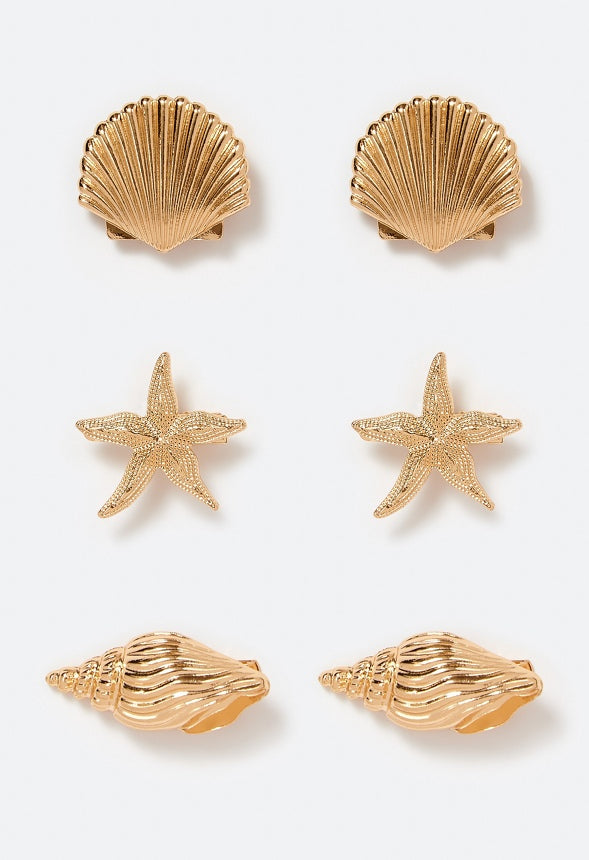 3-Pack Dori Shell And Starfish Metal Hair Slides Gold