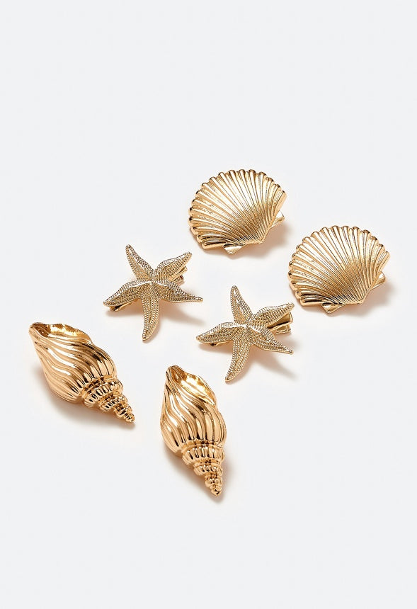 3-Pack Dori Shell And Starfish Metal Hair Slides Gold