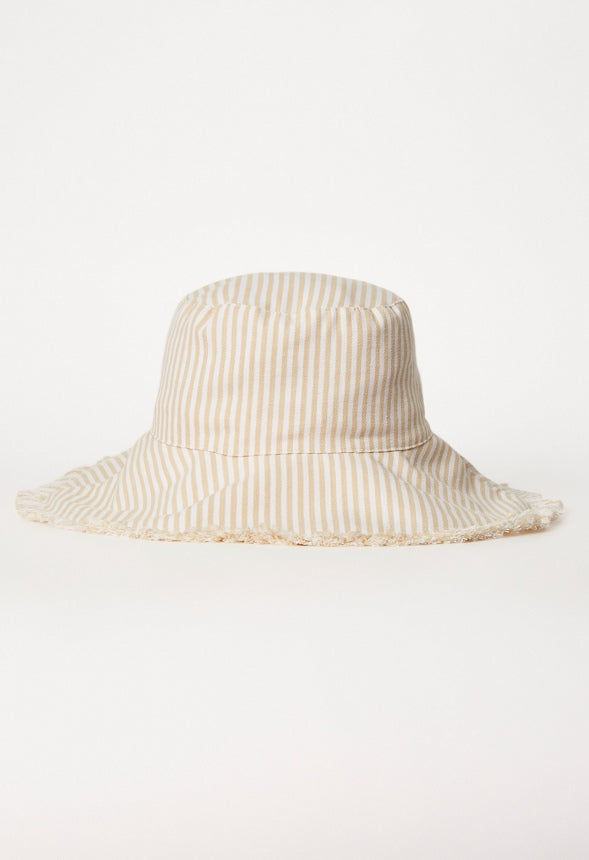 Frayed Edge Wide Brim Bucket Hat Natural/ White
