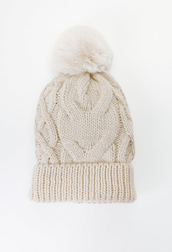 Cable Knit Pom Beanie Birch White