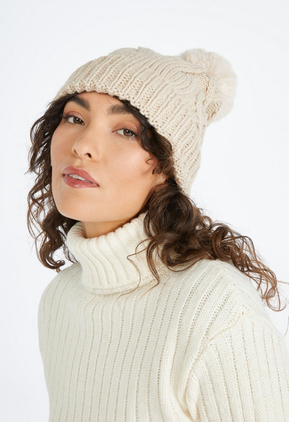 Cable Knit Pom Beanie Birch White