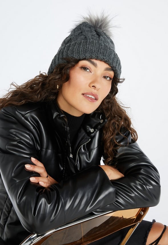Cable Knit Pom Beanie Magnet Black