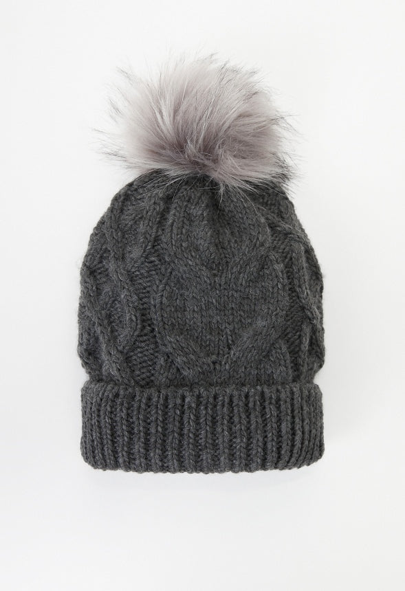 Cable Knit Pom Beanie Magnet Black