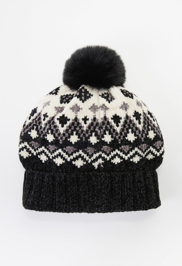 Fair Isle Pom Beanie Black Multi