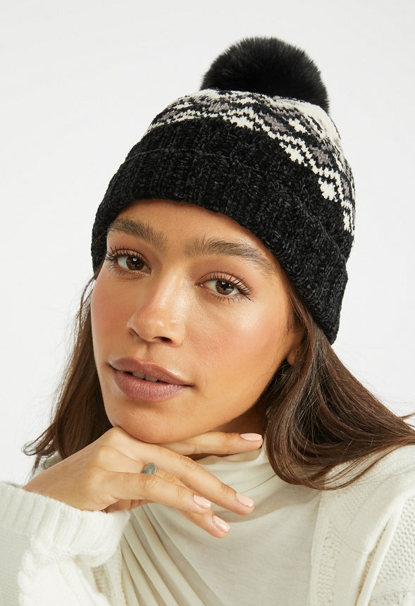 Fair Isle Pom Beanie Black Multi