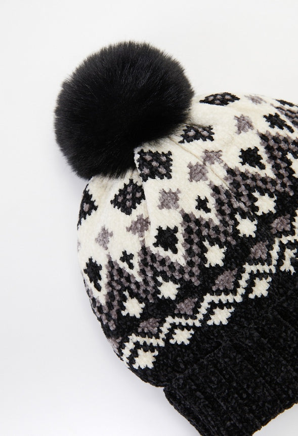 Fair Isle Pom Beanie Black Multi