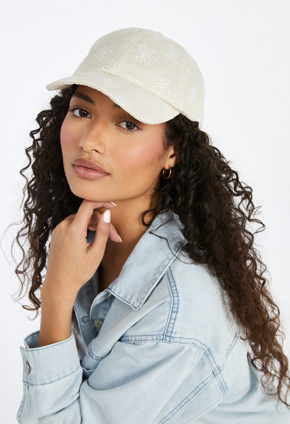 Floral Embroidered Baseball Cap Natural Floral