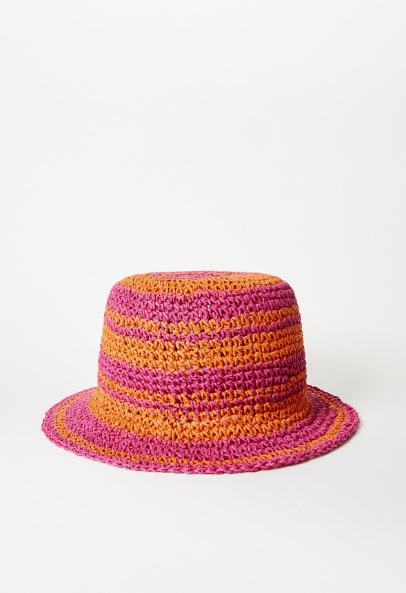 Striped Raffia Crochet Hat Persimmon Orange/ Raspberry Sorbet