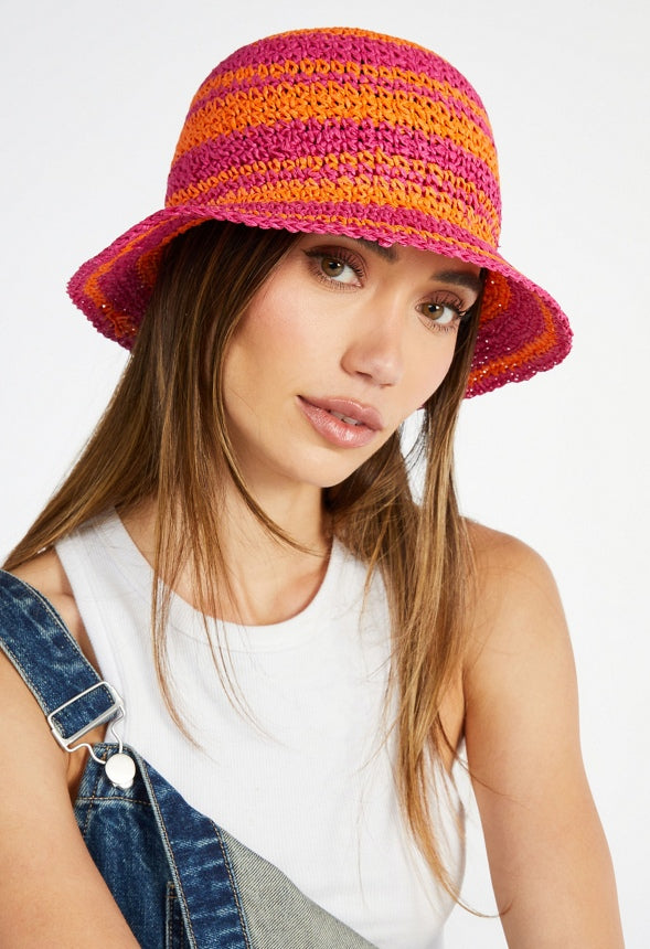 Striped Raffia Crochet Hat Persimmon Orange/ Raspberry Sorbet