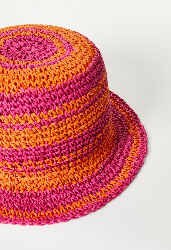 Striped Raffia Crochet Hat Persimmon Orange/ Raspberry Sorbet