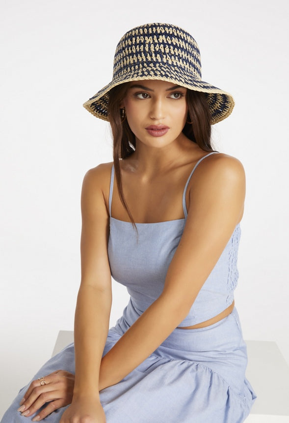 Raffia Bucket Hat Natural/ Medieval Blue
