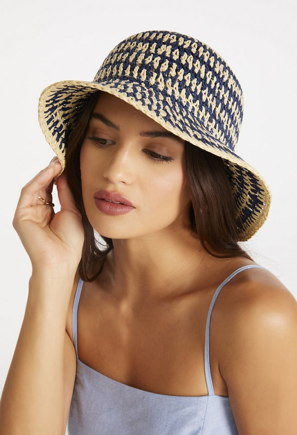 Raffia Bucket Hat Natural/ Medieval Blue