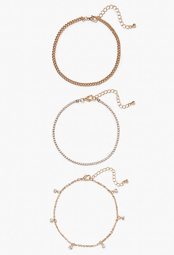 Evie Fine Mixed Chain Anklet Pack Gold