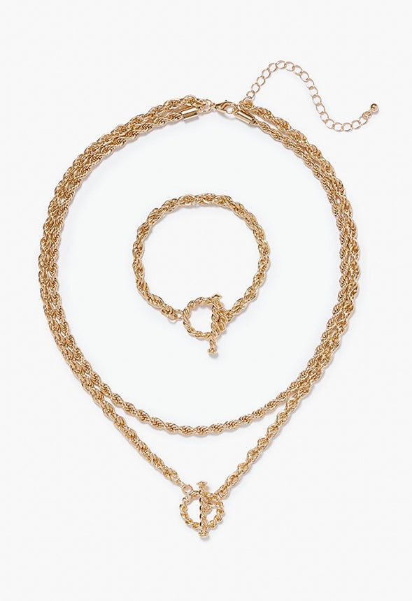 Jamie Rope Chain T-Bar Necklace And Bracelet Gold