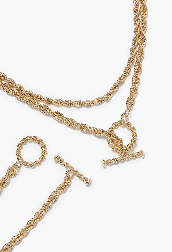 Jamie Rope Chain T-Bar Necklace And Bracelet Gold
