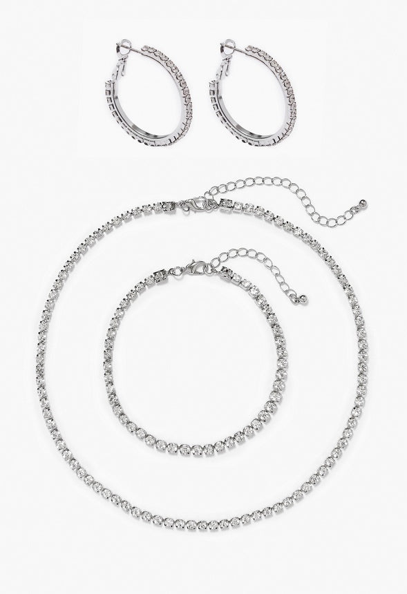 Talia Rhinestone Hoop Earring Bracelet And Necklace Set Silver
