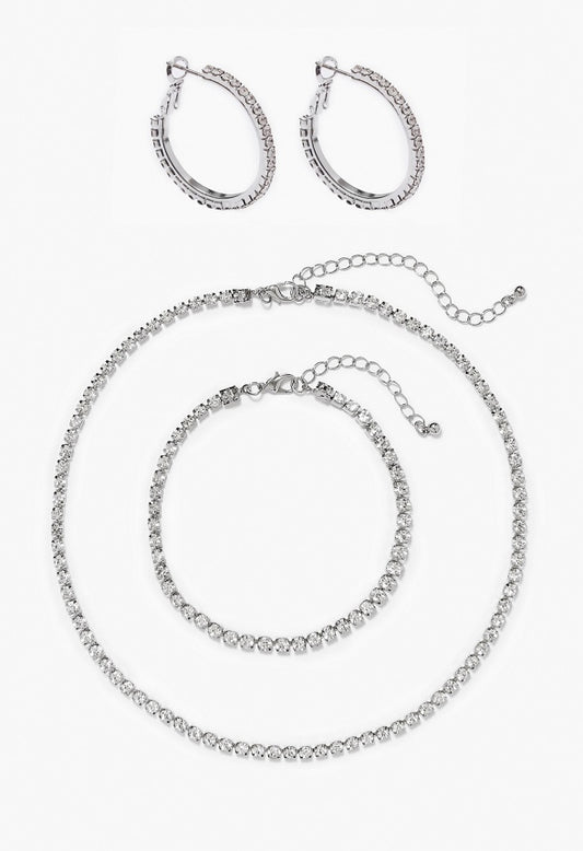 Talia Rhinestone Hoop Earring Bracelet And Necklace Set Silver
