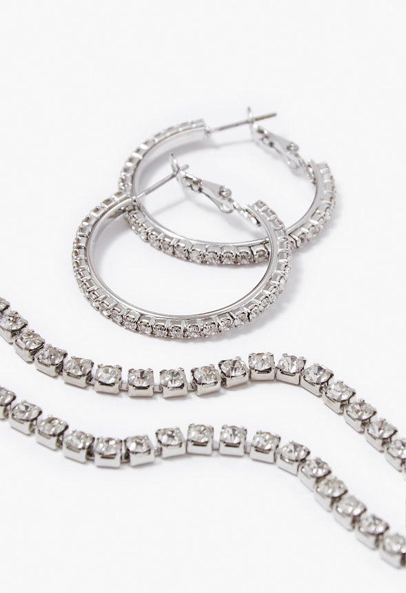 Talia Rhinestone Hoop Earring Bracelet And Necklace Set Silver