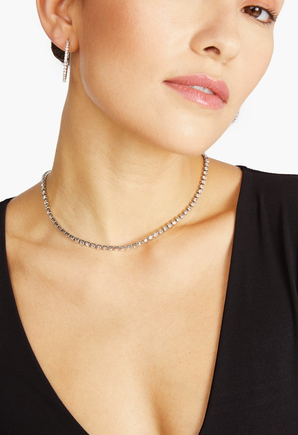 Talia Rhinestone Hoop Earring Bracelet And Necklace Set Silver