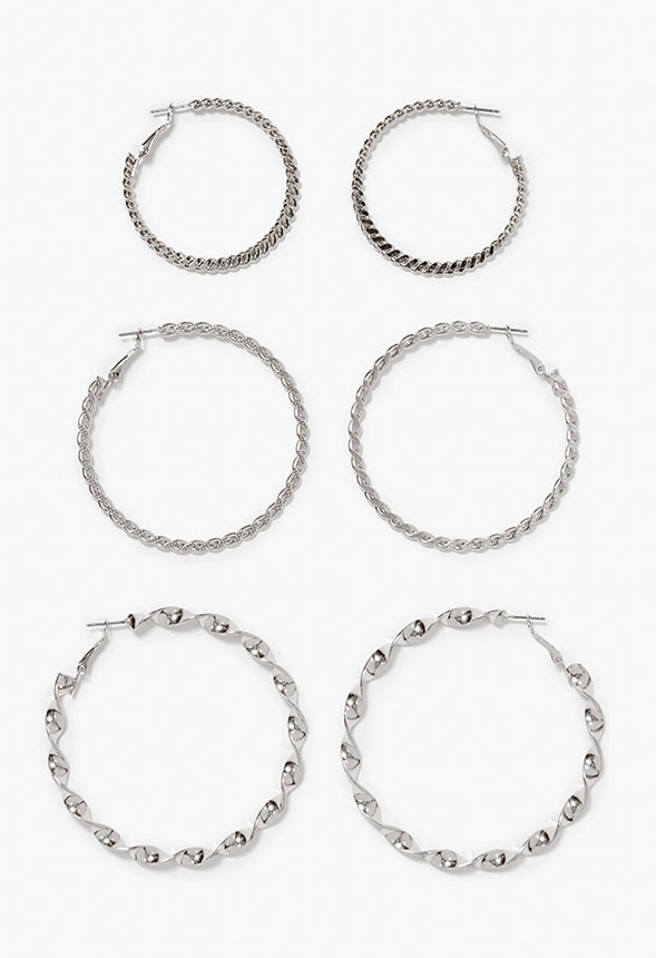 Zoey Triple Textured Hoop Pack Silver