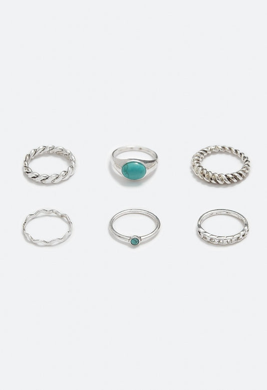Reyna Semi Precious Mixed Ring Stack Turquoise/Silver
