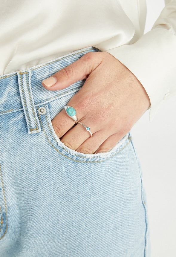 Reyna Semi Precious Mixed Ring Stack Turquoise/Silver