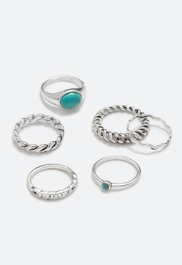 Reyna Semi Precious Mixed Ring Stack Turquoise/Silver