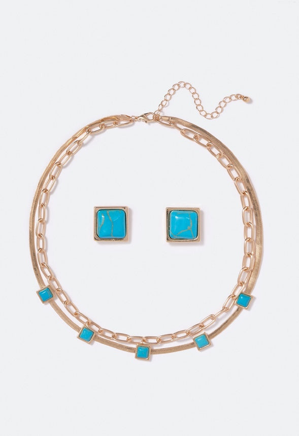 Elena Turquoise Flat Chain Necklace Set Turquoise/Gold