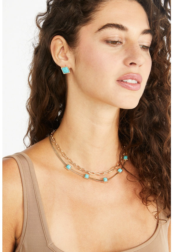 Elena Turquoise Flat Chain Necklace Set Turquoise/Gold