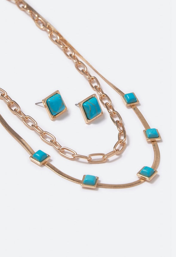 Elena Turquoise Flat Chain Necklace Set Turquoise/Gold
